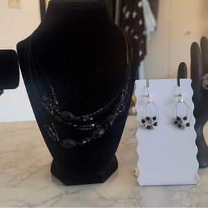 Black Beaded Necklace with Coordinating Hoop Earrings, Ring and Bracelet